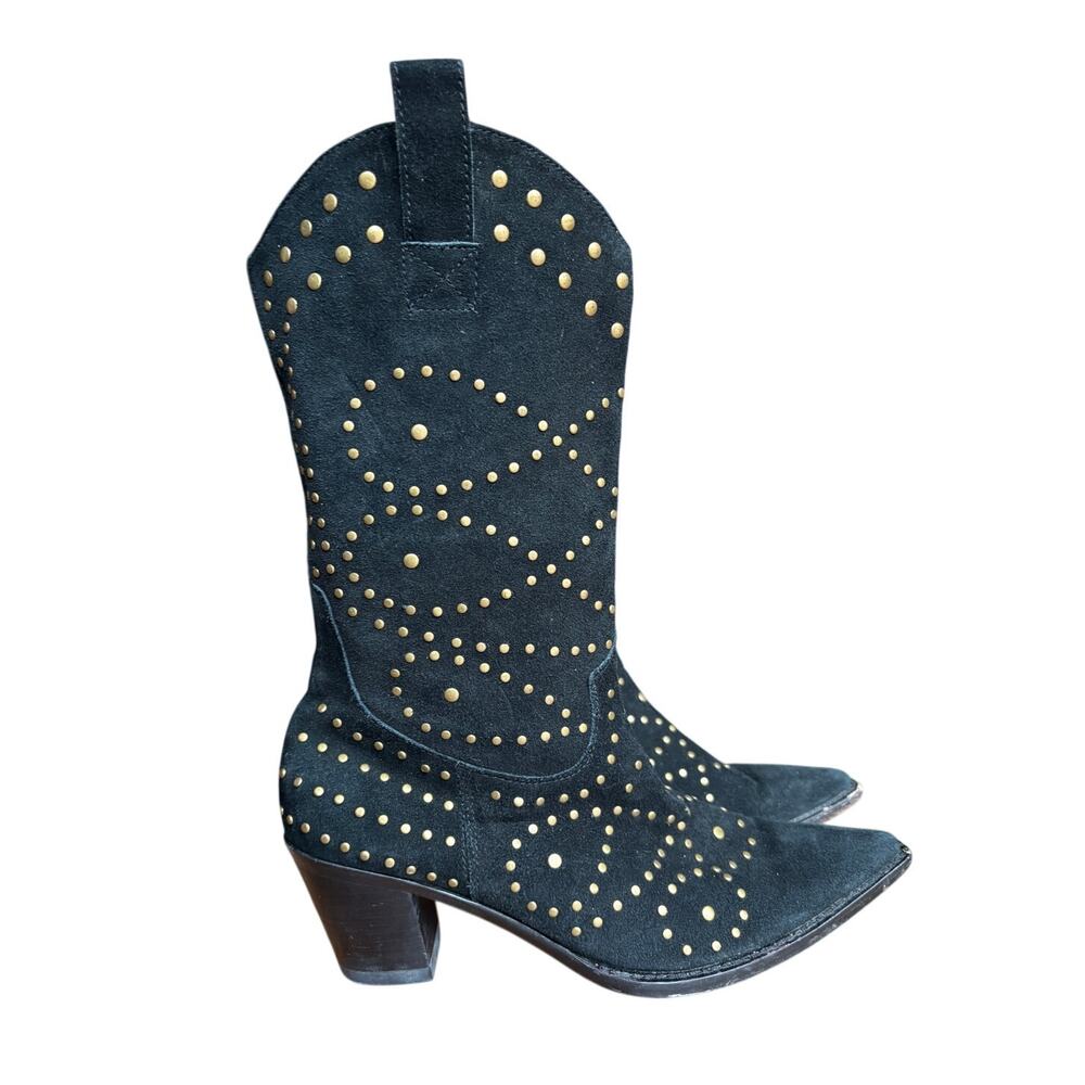 Kathy Van Zeeland Studded Black Suede Western Style Boots FLAWED pls read s 8.5